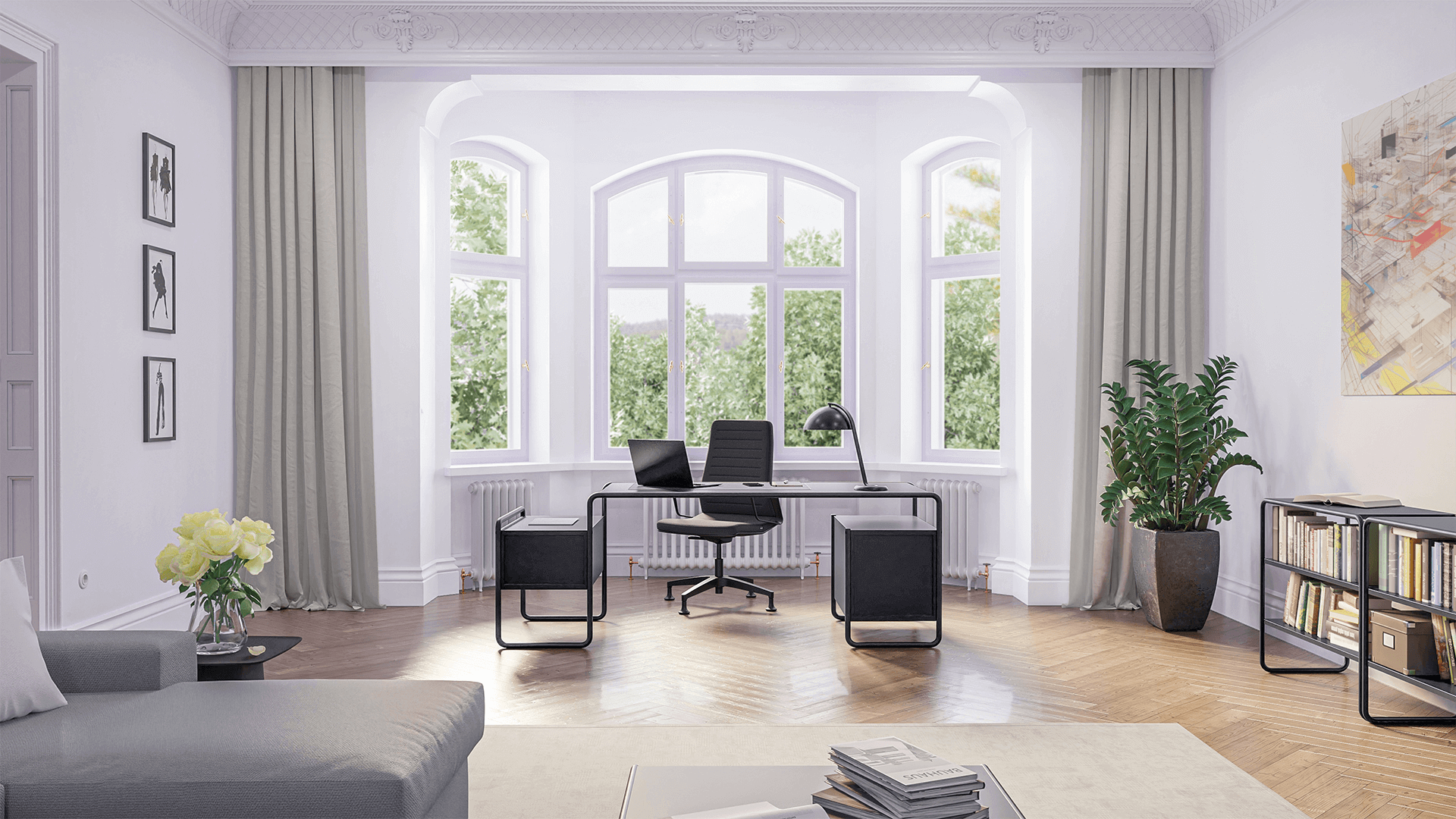Edles Homeoffice Ambiente mit modernen Büromöbeln