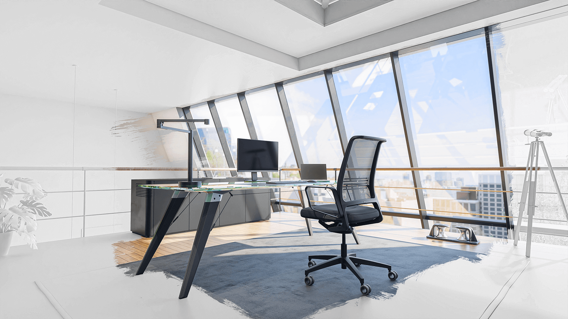 Moderner Bürostuhl mit Netzrücken im Homeoffice