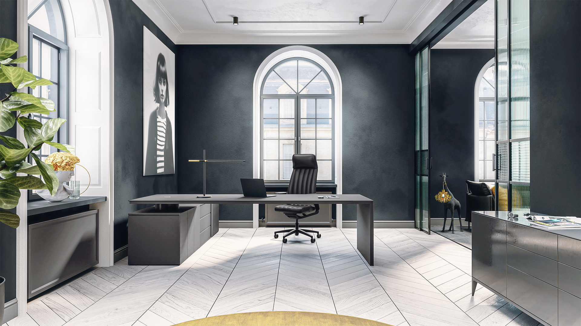 Luxus Homeoffice mit Designer Schreibtischstuhl