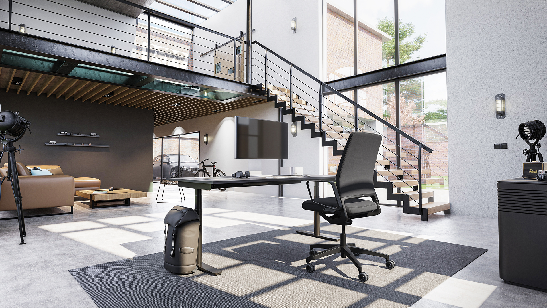 modernes Homeoffice Ambiente mit schwarzem Schreibtischstuhl